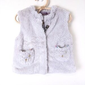 Mini Boden Faux Fur‎ Vest Kids 3-4Y Gray Cat Face Floral Lining